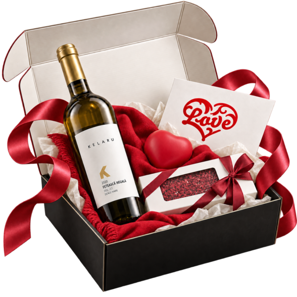 Pachet cadou From the Heart cu vin Kelaru, ciocolată cu zmeură și eșarfă roșie