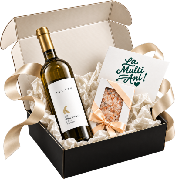 Pachet cadou It's Salty cu vin alb Kelaru și ciocolată neagră cu sare roz de Himalaya, în cutie rigidă neagră
