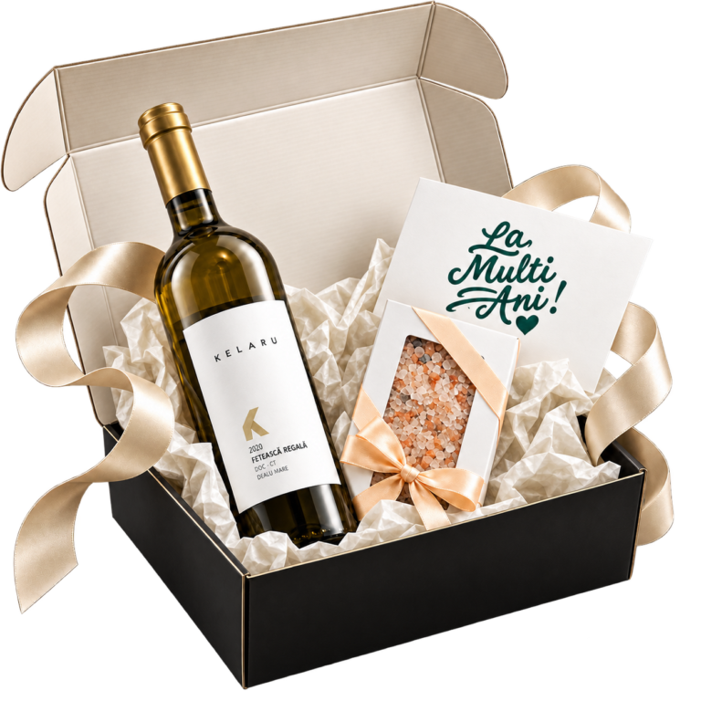 Pachet cadou It's Salty cu vin alb Kelaru și ciocolată neagră cu sare roz de Himalaya, în cutie rigidă neagră