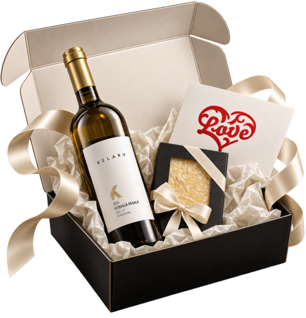 Pachet cadou It's White cu vin alb Kelaru și ciocolată albă, în cutie rigidă neagră