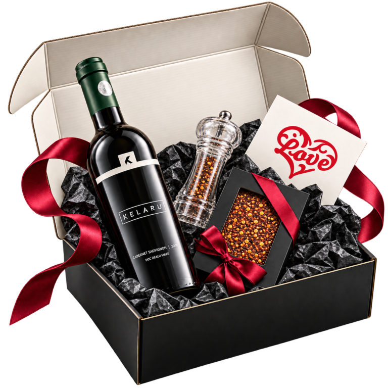 Pachet cadou Red Hot Chilli cu vin roșu Kelaru, ciocolată neagră cu ardei iute și râșniță cu ardei iute, în cutie rigidă neagră