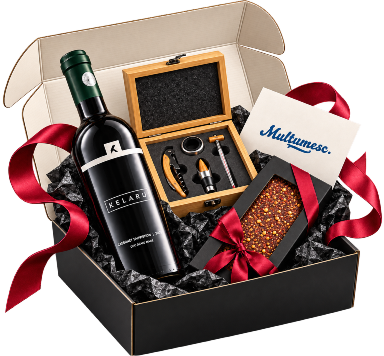 Pachet cadou Red Wine Enthusiast cu vin roșu Kelaru, ciocolată neagră cu ardei iute și o cutie din bambus cu patru accesorii pentru vin, în cutie rigidă neagră