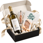Pachet cadou Taste The Salt cu vin alb Kelaru, ciocolată neagră cu sare roz de Himalaya și râșniță cu sare, în cutie rigidă neagră