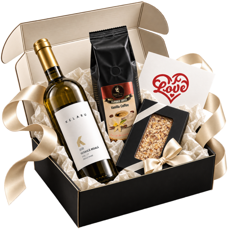 Pachet cadou Toffee and Coffee cu vin alb Kelaru, ciocolată cu lapte și alune caramelizate și pungă de cafea Dolce Bacio, în cutie rigidă neagră